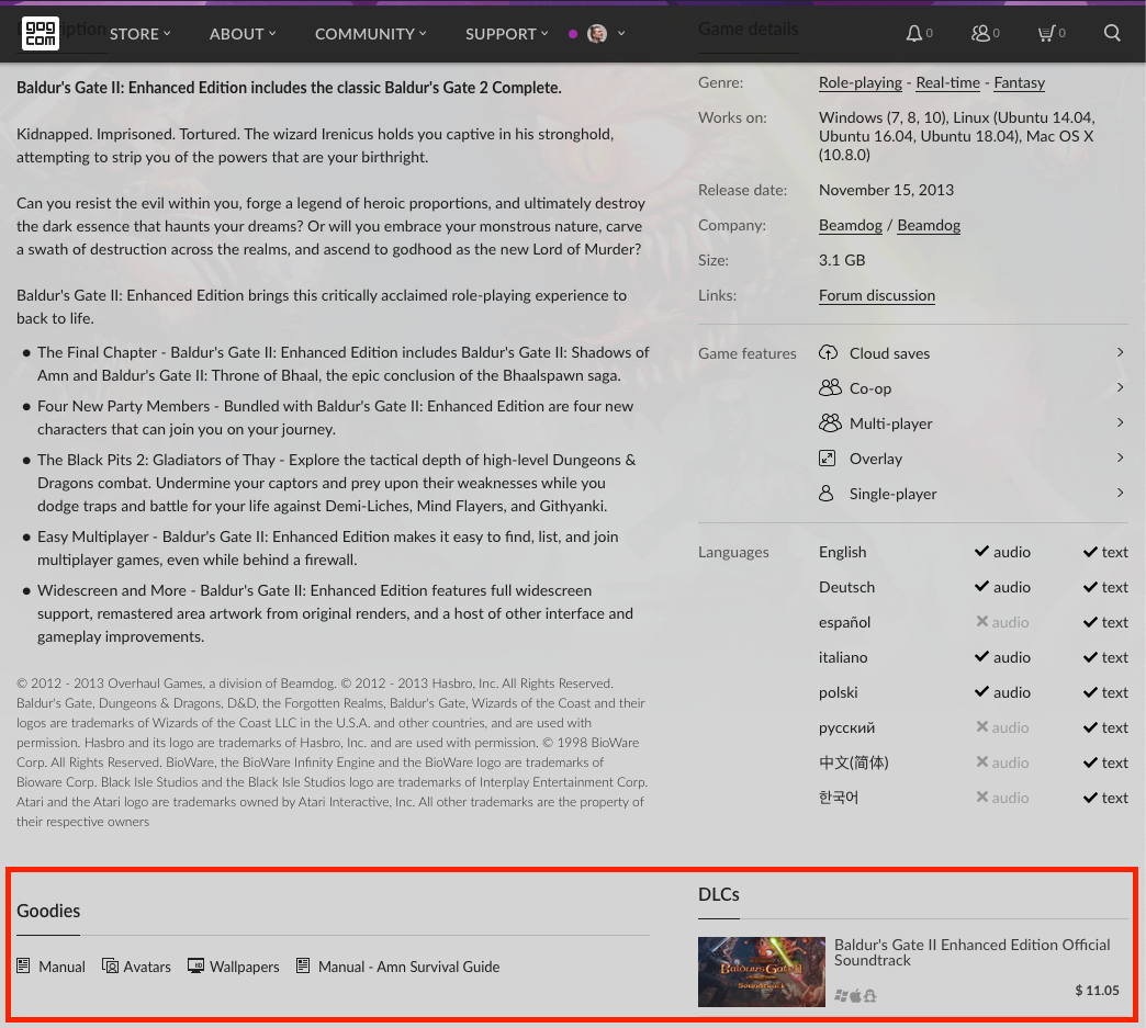 Extras on the GOG Game Page